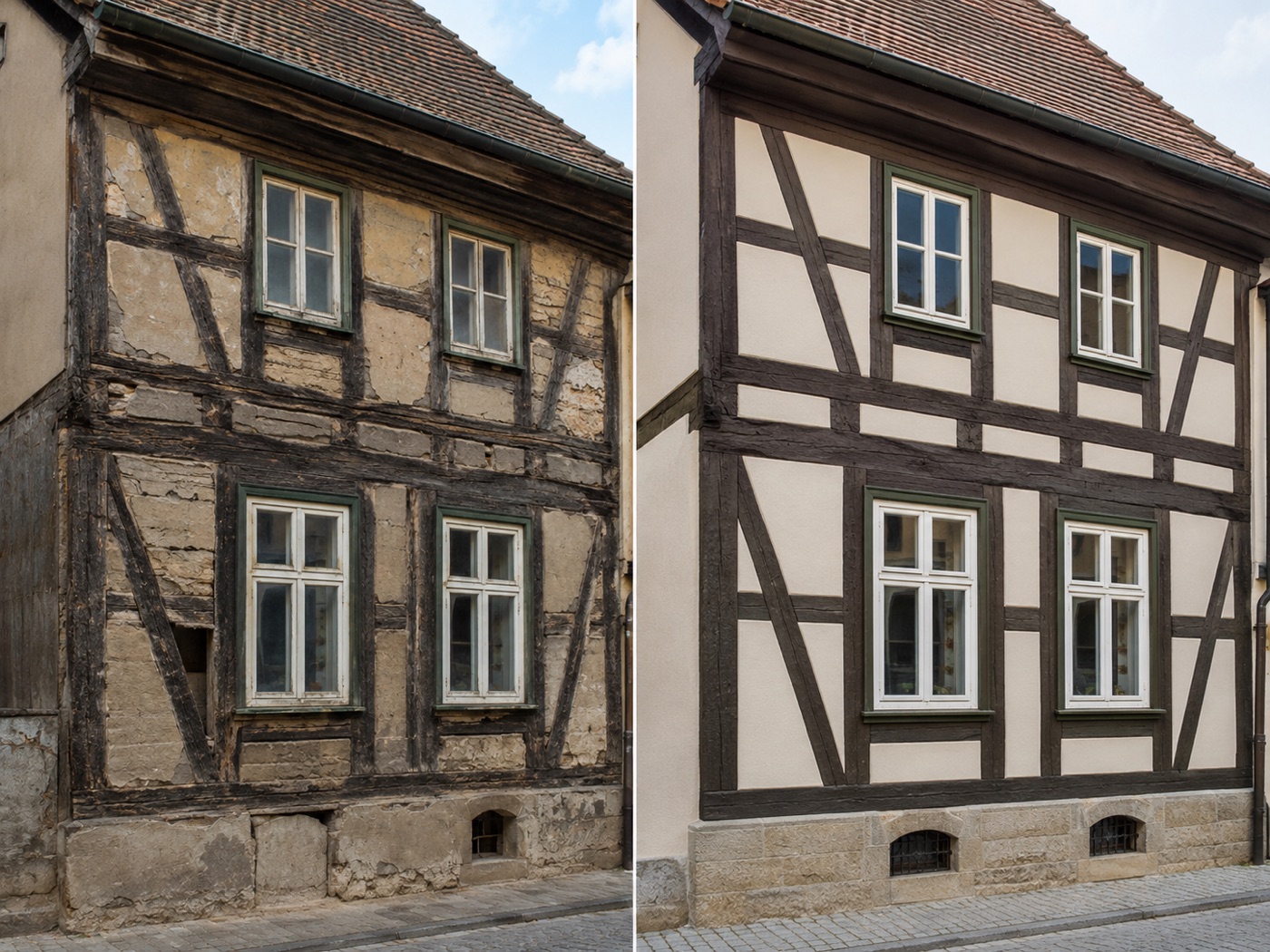 Façade à colombages restaurée